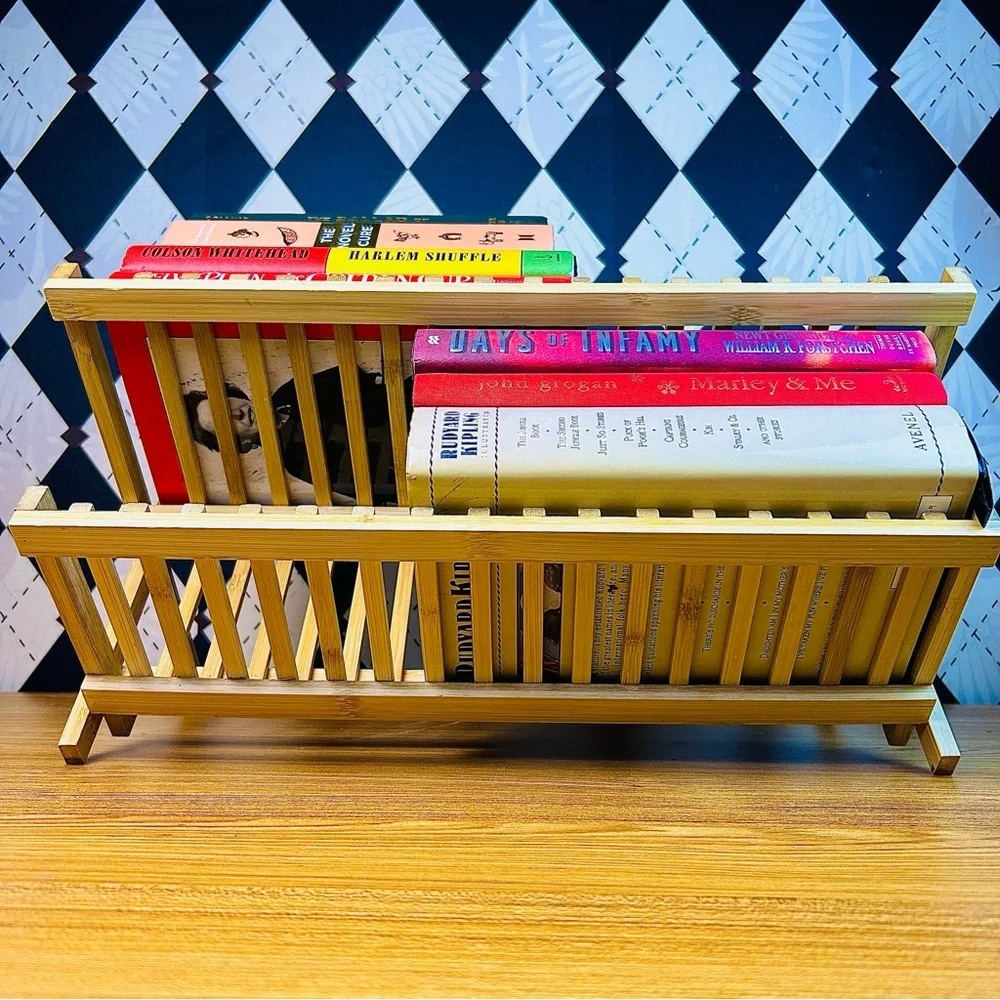Collapsible Bamboo Plate Rack Folding Slatted Farmhouse Kitchen Storage‎